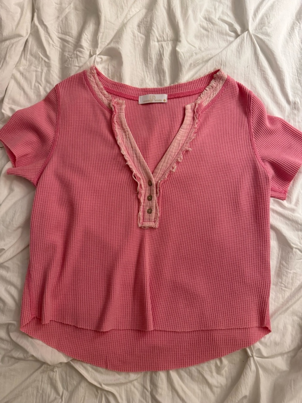 Pink Frayed Waffle Knit Henley